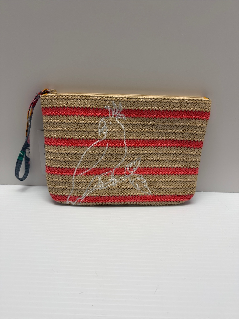 Vera Bradley Woven Straw Wristlet Pouch with Coral Stripe and Parrot Embroidery